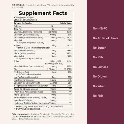 Nature's Bounty Advanced Hair, Skin & Nails – Argan-Angereichertes Vitaminpräparat mit Biotin und Hyaluronsäure, 150 Rapid-Release-Softgels, 50 Portionen