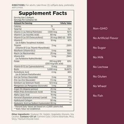 Nature's Bounty Advanced Hair, Skin & Nails – Argan-Angereichertes Vitaminpräparat mit Biotin und Hyaluronsäure, 150 Rapid-Release-Softgels, 50 Portionen