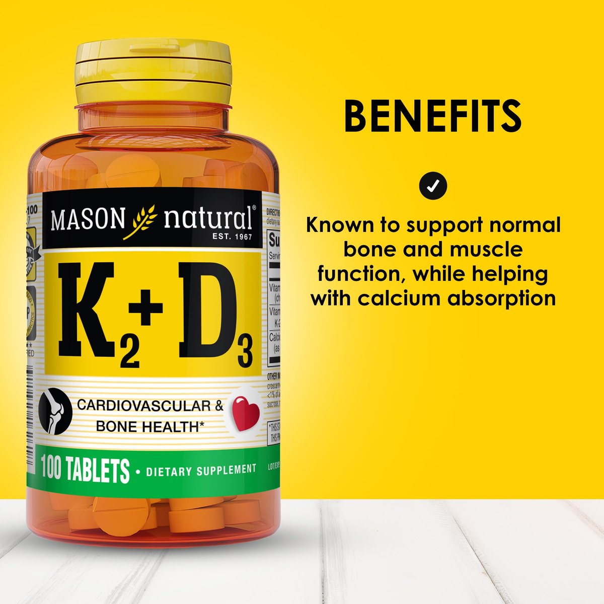 MASON NATURAL Vitamin K2 + D3, 100-Tage-Vorrat, mit Calcium für normale Knochen- und Muskelfunktion, Tabletten