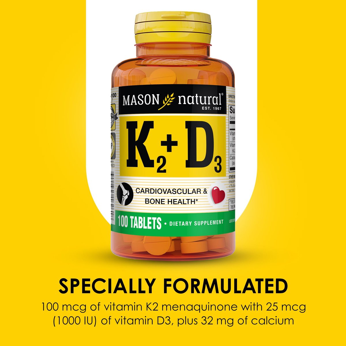 MASON NATURAL Vitamin K2 + D3, 100-Tage-Vorrat, mit Calcium für normale Knochen- und Muskelfunktion, Tabletten