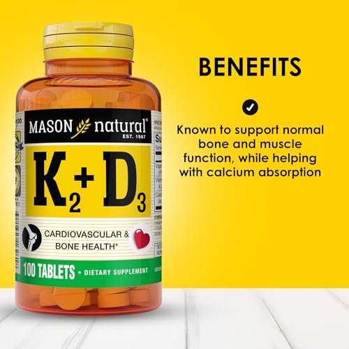 MASON NATURAL Vitamin K2 + D3, 100-Tage-Vorrat, mit Calcium für normale Knochen- und Muskelfunktion, Tabletten