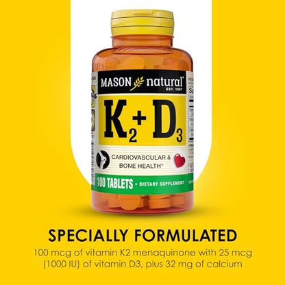 MASON NATURAL Vitamin K2 + D3, 100-Tage-Vorrat, mit Calcium für normale Knochen- und Muskelfunktion, Tabletten