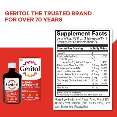 Geritol Flüssiges Vitamin und Eisenpräparat – Energieunterstützung mit hochdosierten B-Vitaminen und Eisen, ohne künstliche Süßstoffe, Non-GMO, 355 ml