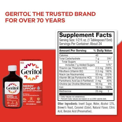 Geritol Flüssiges Vitamin und Eisenpräparat – Energieunterstützung mit hochdosierten B-Vitaminen und Eisen, ohne künstliche Süßstoffe, Non-GMO, 355 ml