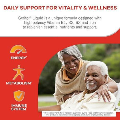 Geritol Flüssiges Vitamin und Eisenpräparat – Energieunterstützung mit hochdosierten B-Vitaminen und Eisen, ohne künstliche Süßstoffe, Non-GMO, 355 ml