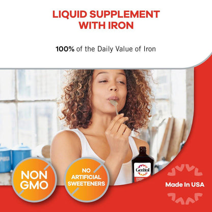 Geritol Flüssiges Vitamin und Eisenpräparat – Energieunterstützung mit hochdosierten B-Vitaminen und Eisen, ohne künstliche Süßstoffe, Non-GMO, 355 ml