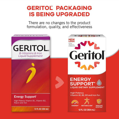 Geritol Flüssiges Vitamin und Eisenpräparat – Energieunterstützung mit hochdosierten B-Vitaminen und Eisen, ohne künstliche Süßstoffe, Non-GMO, 355 ml