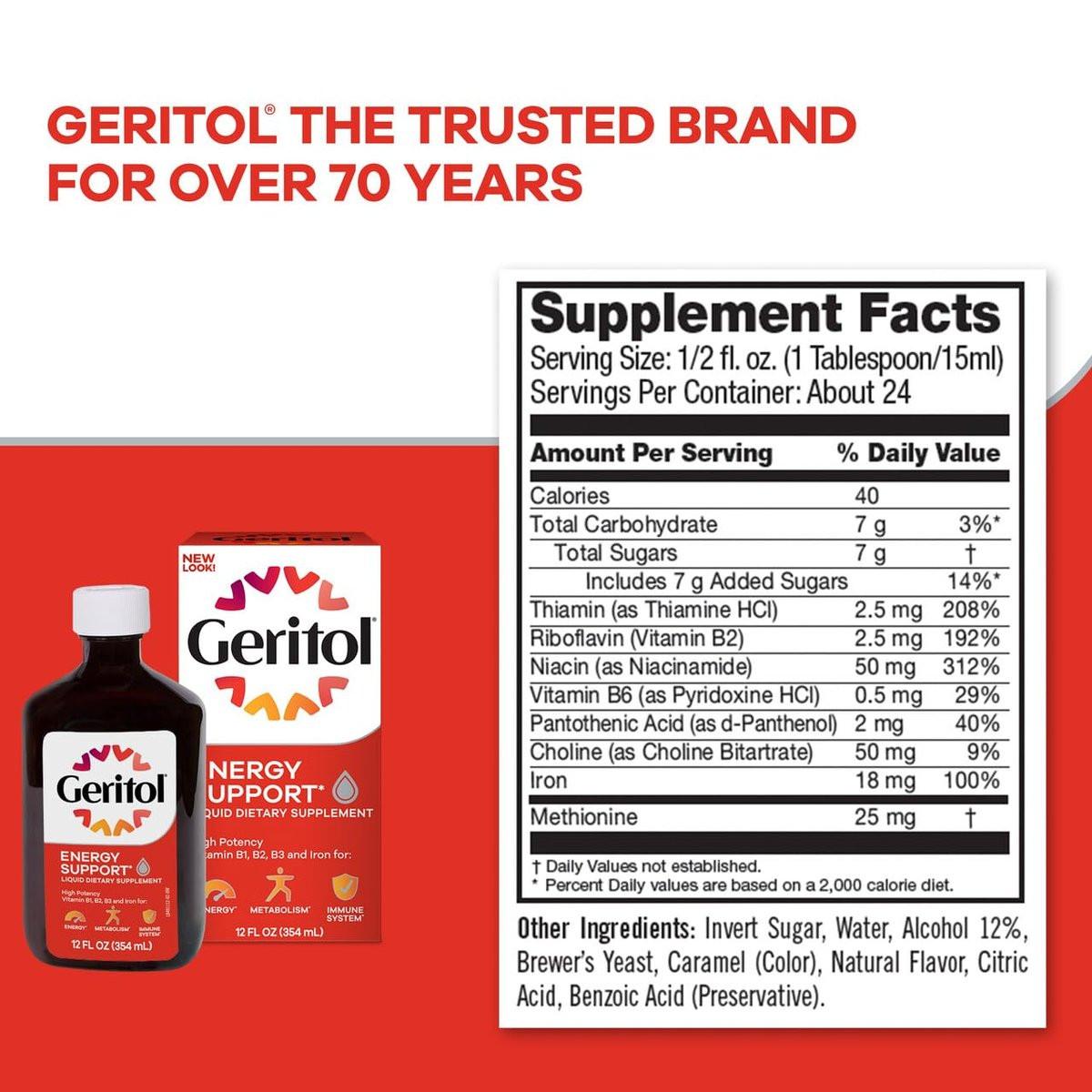 Geritol Flüssiges Vitamin und Eisenpräparat – Energieunterstützung mit hochdosierten B-Vitaminen und Eisen, ohne künstliche Süßstoffe, Non-GMO, 355 ml