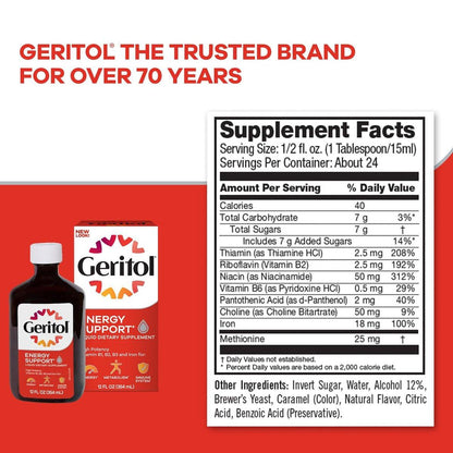 Geritol Flüssiges Vitamin und Eisenpräparat – Energieunterstützung mit hochdosierten B-Vitaminen und Eisen, ohne künstliche Süßstoffe, Non-GMO, 355 ml