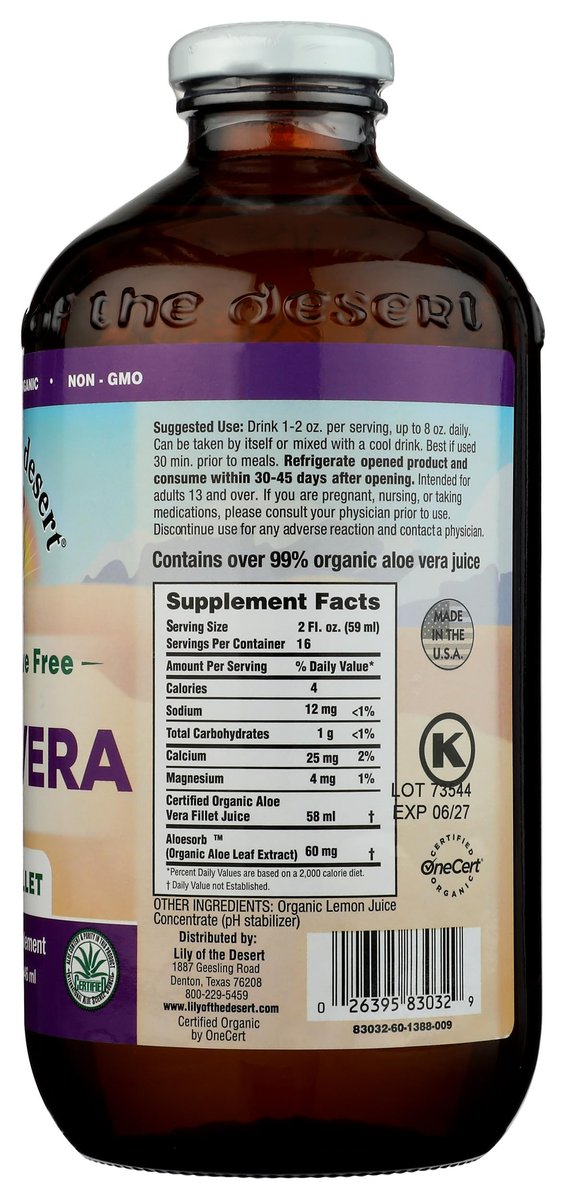 Lily Of The Desert Bio Aloe Vera Saft – Inner Filet Aloe Vera Getränk mit natürlichen Vitaminen und Verdauungsenzymen für Darmgesundheit, Magenberuhigung, Wohlbefinden und strahlende Haut, 946 ml