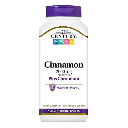 21st Century 2000 mg Zimt plus Chrom – 120 vegane Kapseln – Unterstützt den Kohlenhydratstoffwechsel – Glutenfrei, Nicht-GVO, ohne zugesetzte Hefe oder künstliche Aromen