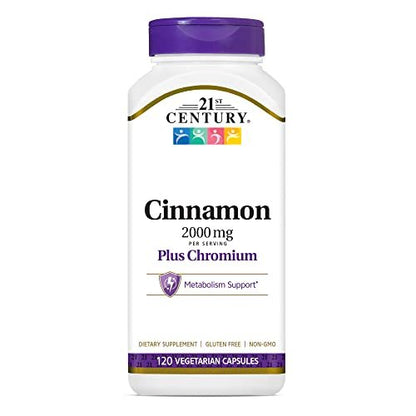 21st Century 2000 mg Zimt plus Chrom – 120 vegane Kapseln – Unterstützt den Kohlenhydratstoffwechsel – Glutenfrei, Nicht-GVO, ohne zugesetzte Hefe oder künstliche Aromen