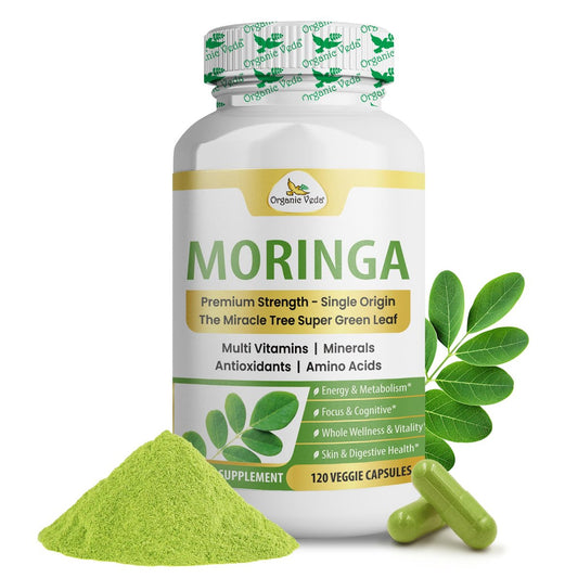 Organic Veda Moringa Kapseln 1000mg - Reines Bio-Moringa-Blatt Superfood - Vitamine & Antioxidantien - Für Energie, Verdauung, Gehirn & Haut - 120 Vegane Kapseln