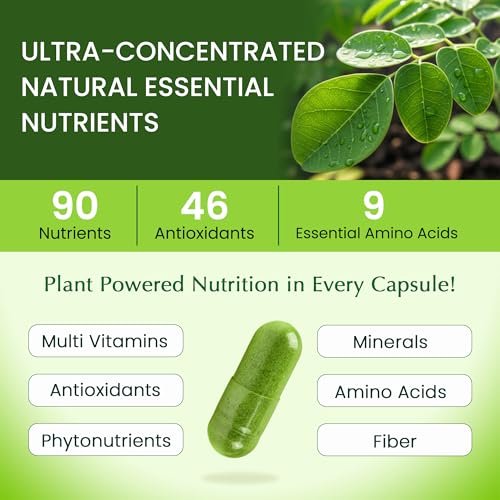 Organic Veda Moringa Kapseln 1000mg - Reines Bio-Moringa-Blatt Superfood - Vitamine & Antioxidantien - Für Energie, Verdauung, Gehirn & Haut - 120 Vegane Kapseln