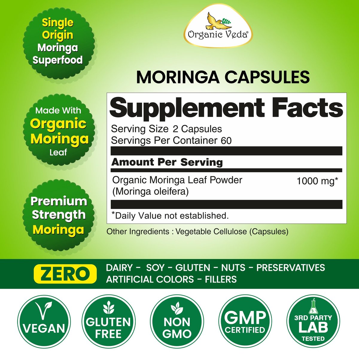 Organic Veda Moringa Kapseln 1000mg - Reines Bio-Moringa-Blatt Superfood - Vitamine & Antioxidantien - Für Energie, Verdauung, Gehirn & Haut - 120 Vegane Kapseln