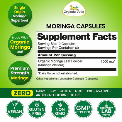Organic Veda Moringa Kapseln 1000mg - Reines Bio-Moringa-Blatt Superfood - Vitamine & Antioxidantien - Für Energie, Verdauung, Gehirn & Haut - 120 Vegane Kapseln