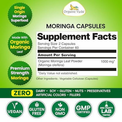 Organic Veda Moringa Kapseln 1000mg - Reines Bio-Moringa-Blatt Superfood - Vitamine & Antioxidantien - Für Energie, Verdauung, Gehirn & Haut - 120 Vegane Kapseln