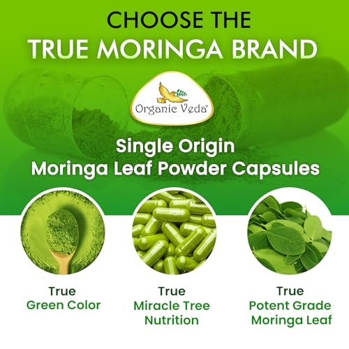 Organic Veda Moringa Kapseln 1000mg - Reines Bio-Moringa-Blatt Superfood - Vitamine & Antioxidantien - Für Energie, Verdauung, Gehirn & Haut - 120 Vegane Kapseln