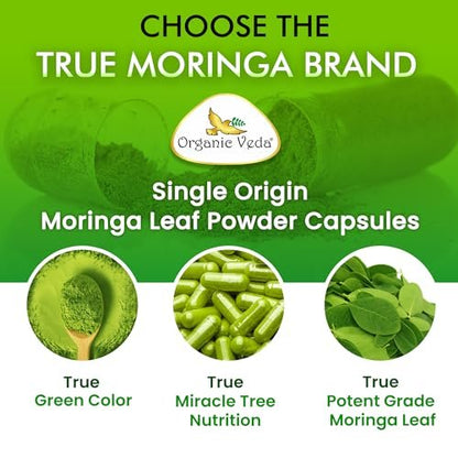 Organic Veda Moringa Kapseln 1000mg - Reines Bio-Moringa-Blatt Superfood - Vitamine & Antioxidantien - Für Energie, Verdauung, Gehirn & Haut - 120 Vegane Kapseln