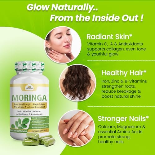 Organic Veda Moringa Kapseln 1000mg - Reines Bio-Moringa-Blatt Superfood - Vitamine & Antioxidantien - Für Energie, Verdauung, Gehirn & Haut - 120 Vegane Kapseln