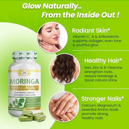 Organic Veda Moringa Kapseln 1000mg - Reines Bio-Moringa-Blatt Superfood - Vitamine & Antioxidantien - Für Energie, Verdauung, Gehirn & Haut - 120 Vegane Kapseln