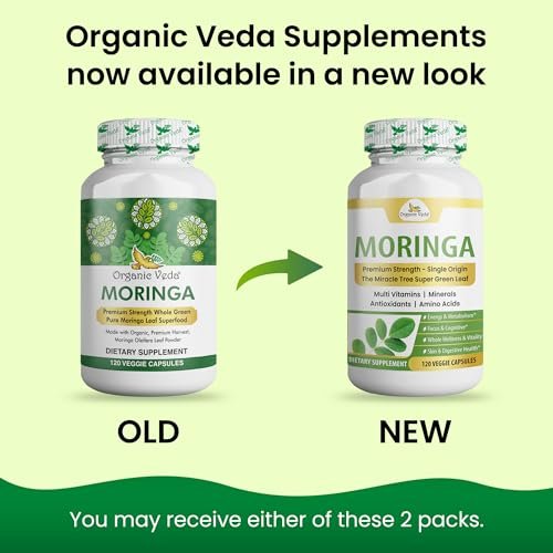 Organic Veda Moringa Kapseln 1000mg - Reines Bio-Moringa-Blatt Superfood - Vitamine & Antioxidantien - Für Energie, Verdauung, Gehirn & Haut - 120 Vegane Kapseln