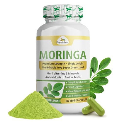 Organic Veda Moringa Kapseln 1000mg - Reines Bio-Moringa-Blatt Superfood - Vitamine & Antioxidantien - Für Energie, Verdauung, Gehirn & Haut - 120 Vegane Kapseln
