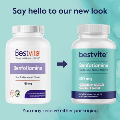 BESTVITE Benfotiamin 150mg – 120 vegane Kapseln, ohne Stearate, ohne Siliziumdioxid, vegan, nicht-GVO, glutenfrei
