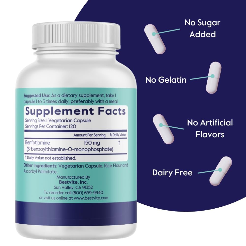 BESTVITE Benfotiamin 150mg – 120 vegane Kapseln, ohne Stearate, ohne Siliziumdioxid, vegan, nicht-GVO, glutenfrei