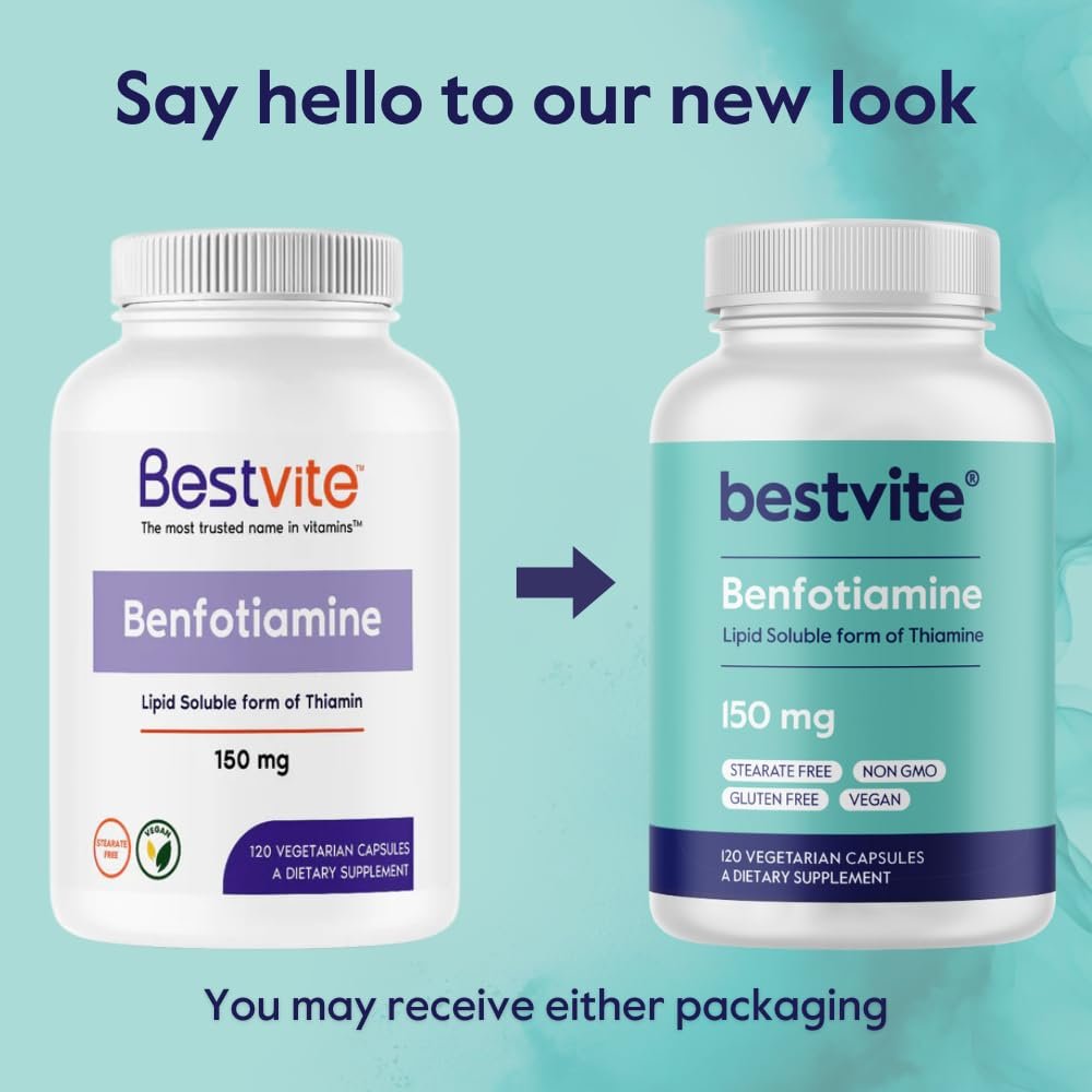 BESTVITE Benfotiamin 150mg – 120 vegane Kapseln, ohne Stearate, ohne Siliziumdioxid, vegan, nicht-GVO, glutenfrei
