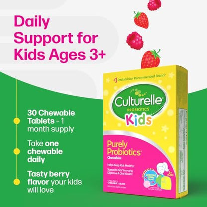 Culturelle Kids Kautabletten Tägliches Probiotikum für Kinder ab 3 Jahren, 30 Stück, #1 von Kinderärzten empfohlene Marke, Natürlicher Beerengeschmack, Unterstützt Verdauung, Mundgesundheit & Immunsystem