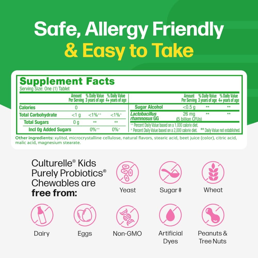 Culturelle Kids Kautabletten Tägliches Probiotikum für Kinder ab 3 Jahren, 30 Stück, #1 von Kinderärzten empfohlene Marke, Natürlicher Beerengeschmack, Unterstützt Verdauung, Mundgesundheit & Immunsystem