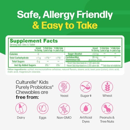 Culturelle Kids Kautabletten Tägliches Probiotikum für Kinder ab 3 Jahren, 30 Stück, #1 von Kinderärzten empfohlene Marke, Natürlicher Beerengeschmack, Unterstützt Verdauung, Mundgesundheit & Immunsystem