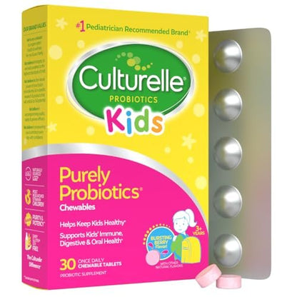 Culturelle Kids Kautabletten Tägliches Probiotikum für Kinder ab 3 Jahren, 30 Stück, #1 von Kinderärzten empfohlene Marke, Natürlicher Beerengeschmack, Unterstützt Verdauung, Mundgesundheit & Immunsystem