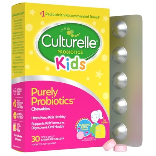 Culturelle Kids Kautabletten Tägliches Probiotikum für Kinder ab 3 Jahren, 30 Stück, #1 von Kinderärzten empfohlene Marke, Natürlicher Beerengeschmack, Unterstützt Verdauung, Mundgesundheit & Immunsystem