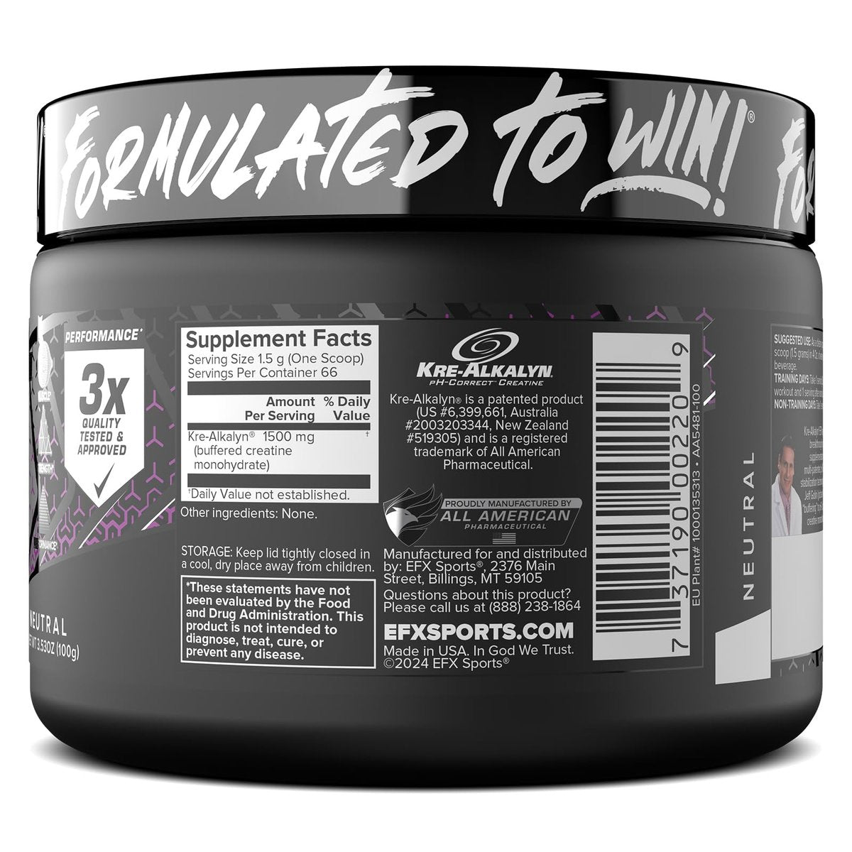 EFX Sports Kre-Alkalyn EFX Pulver | pH-korrigiertes Kreatin-Monohydrat für Kraft, Muskelwachstum & Leistung | 66 Portionen (ungeschmackt)
