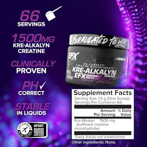 EFX Sports Kre-Alkalyn EFX Pulver | pH-korrigiertes Kreatin-Monohydrat für Kraft, Muskelwachstum & Leistung | 66 Portionen (ungeschmackt)