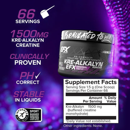 EFX Sports Kre-Alkalyn EFX Pulver | pH-korrigiertes Kreatin-Monohydrat für Kraft, Muskelwachstum & Leistung | 66 Portionen (ungeschmackt)