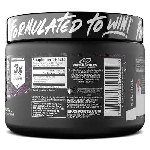 EFX Sports Kre-Alkalyn EFX Pulver | pH-korrigiertes Kreatin-Monohydrat für Kraft, Muskelwachstum & Leistung | 66 Portionen (ungeschmackt)