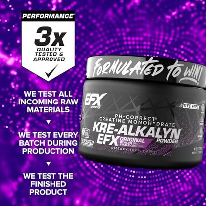 EFX Sports Kre-Alkalyn EFX Pulver | pH-korrigiertes Kreatin-Monohydrat für Kraft, Muskelwachstum & Leistung | 66 Portionen (ungeschmackt)