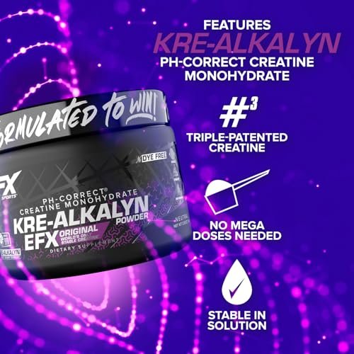 EFX Sports Kre-Alkalyn EFX Pulver | pH-korrigiertes Kreatin-Monohydrat für Kraft, Muskelwachstum & Leistung | 66 Portionen (ungeschmackt)