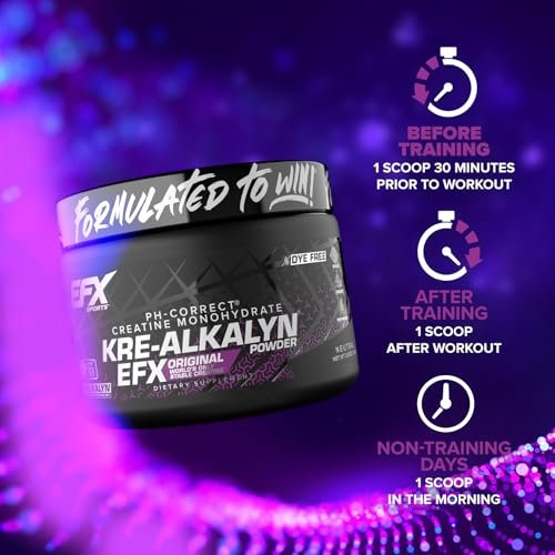 EFX Sports Kre-Alkalyn EFX Pulver | pH-korrigiertes Kreatin-Monohydrat für Kraft, Muskelwachstum & Leistung | 66 Portionen (ungeschmackt)