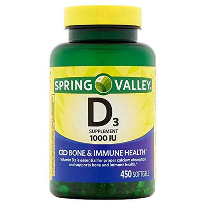 Spring Valley Vitamin D-3 1000 IE – 450 Weichkapseln für starke Knochen und Immunsystem