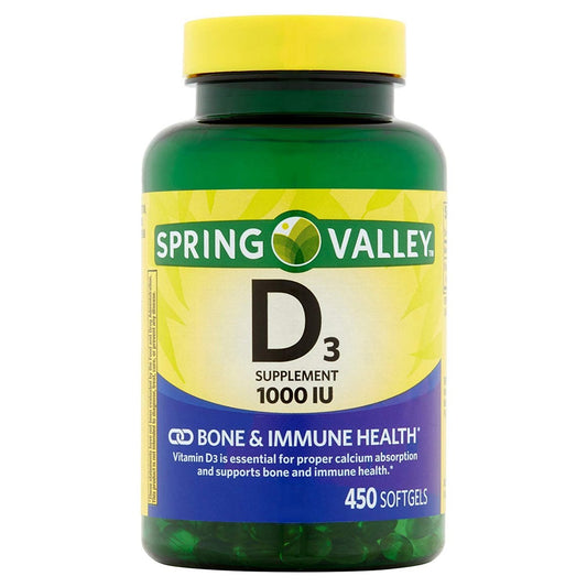 Spring Valley Vitamin D-3 1000 IE – 450 Weichkapseln für starke Knochen und Immunsystem