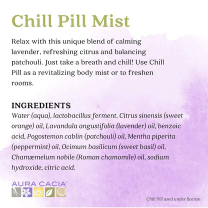 Aura Cacia Chill Pill Mist – Beruhigender Raum- und Gesichtsdampf mit ätherischen Ölen, 60 ml