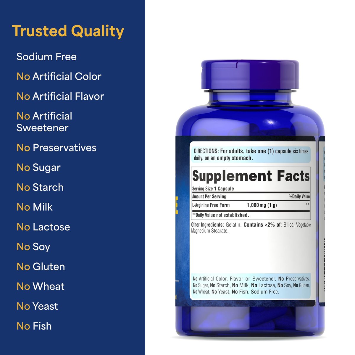 Puritan's Pride L-Arginin 1000 mg – Nahrungsergänzungsmittel zur Unterstützung des Stickstoffmonoxidspiegels und der Herz- und Kreislaufgesundheit, 100 Tabletten (100-Tage-Vorrat)