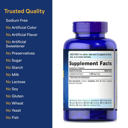 Puritan's Pride L-Arginin 1000 mg – Nahrungsergänzungsmittel zur Unterstützung des Stickstoffmonoxidspiegels und der Herz- und Kreislaufgesundheit, 100 Tabletten (100-Tage-Vorrat)