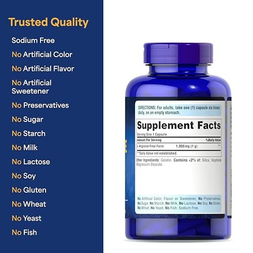Puritan's Pride L-Arginin 1000 mg – Nahrungsergänzungsmittel zur Unterstützung des Stickstoffmonoxidspiegels und der Herz- und Kreislaufgesundheit, 100 Tabletten (100-Tage-Vorrat)