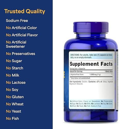 Puritan's Pride L-Arginin 1000 mg – Nahrungsergänzungsmittel zur Unterstützung des Stickstoffmonoxidspiegels und der Herz- und Kreislaufgesundheit, 100 Tabletten (100-Tage-Vorrat)