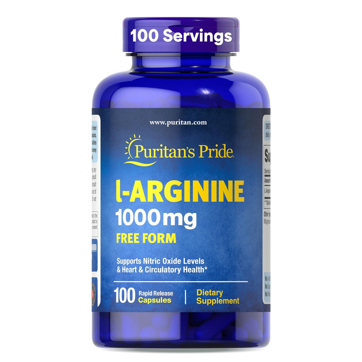 Puritan's Pride L-Arginin 1000 mg – Nahrungsergänzungsmittel zur Unterstützung des Stickstoffmonoxidspiegels und der Herz- und Kreislaufgesundheit, 100 Tabletten (100-Tage-Vorrat)